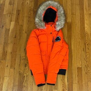 Superdry Orange Puffer Jacket with Fur Hood